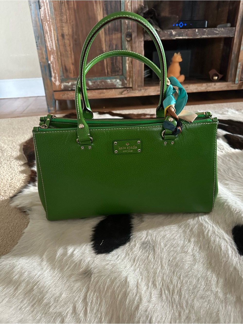 kate spade vibrant green leather satchel with scarf detail